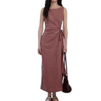 [LeWei] 100 Linen Round Neck Sleeveless Dress for Women, Summer Tie-Waist Fitted Dress, Versatile for Commuters