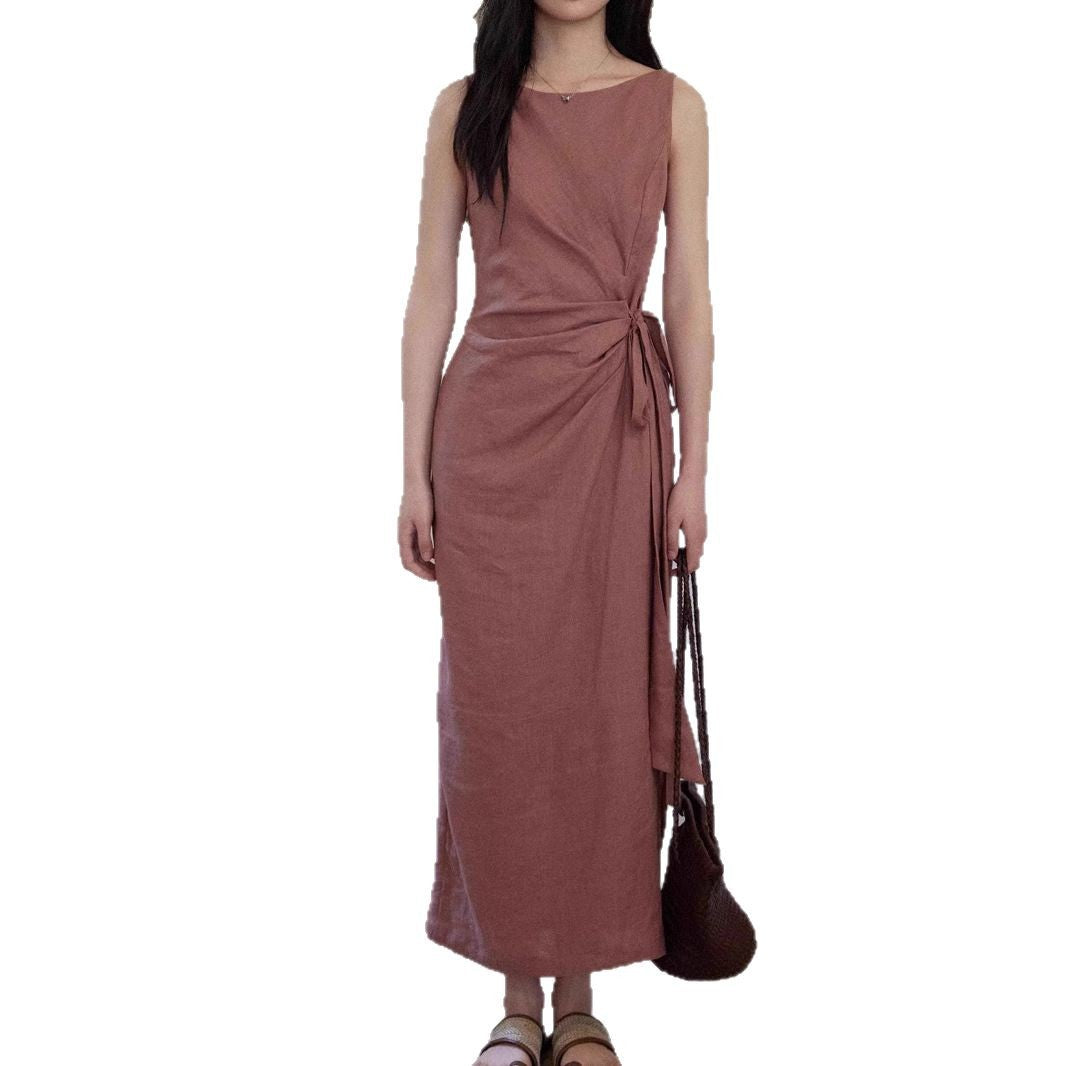 [LeWei] 100 Linen Round Neck Sleeveless Dress for Women, Summer Tie-Waist Fitted Dress, Versatile for Commuters