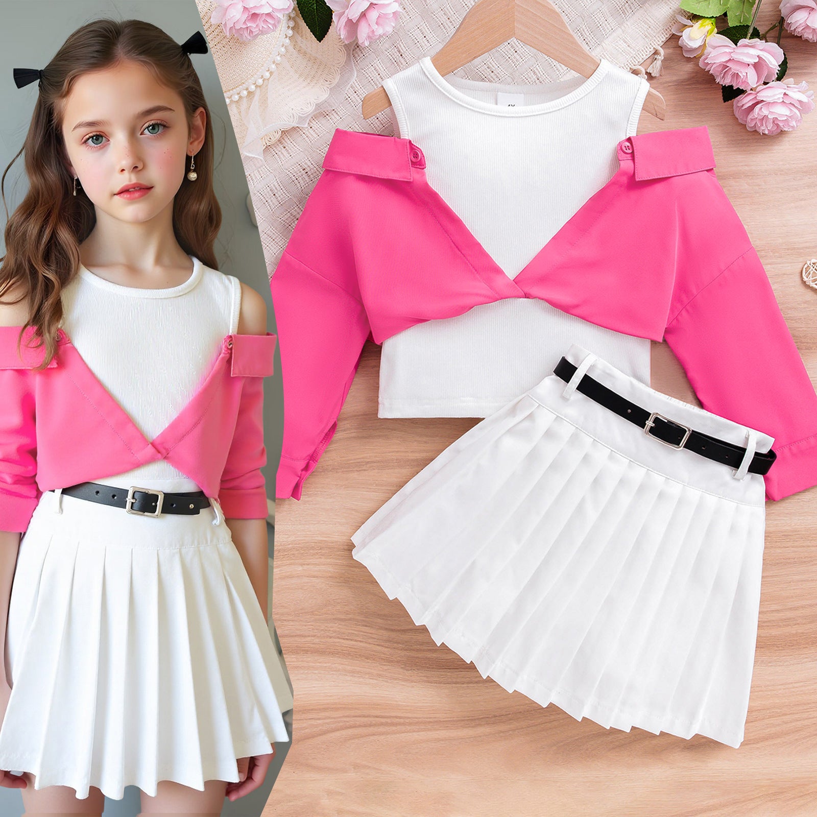 Foreign trade cross-border European and American summer hot-selling temperament girl suit off-shoulder long-sleeved top waist pleated skirt belt