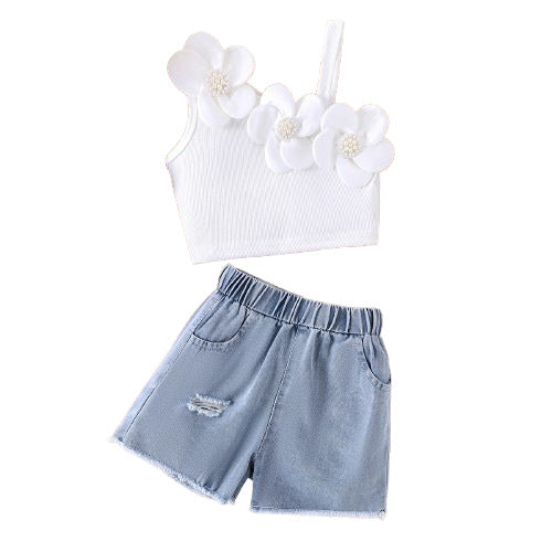 Amazon Girls Suit European and American Summer Oblique Shoulder Suspender Three-dimensional Flower Vest Ripped Denim Shorts Two-piece Set