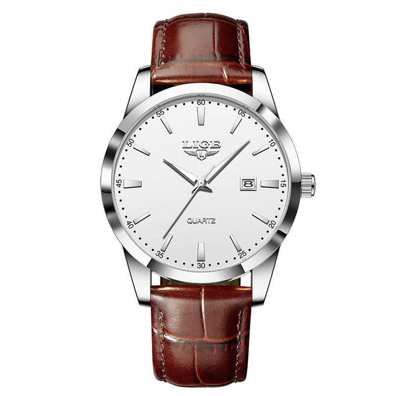 Men's Three-Hand Quartz Watch - Leather Strap, Waterproof