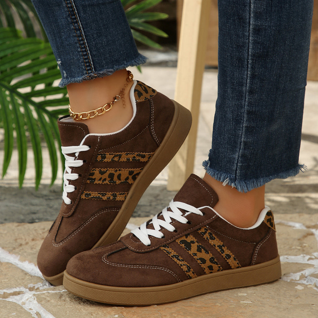 Women's Beige Flat Sneakers - Low-Top, Lace-Up