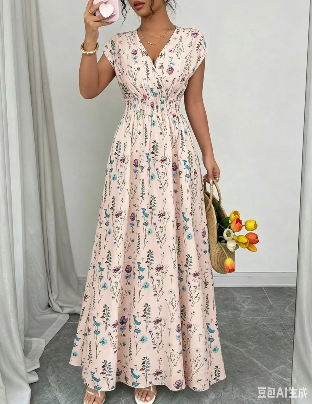 2026 New French V-neck Slim Waist Maxi Dress, Elegant and Stylish Dress (for European and American Cross-Border Amazon and AliExpress)