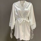 Satin lace-trimmed long-sleeved loose-fitting pajamas/robe with drawstring, 2026 European and American spring/summer new style women's loungewear.