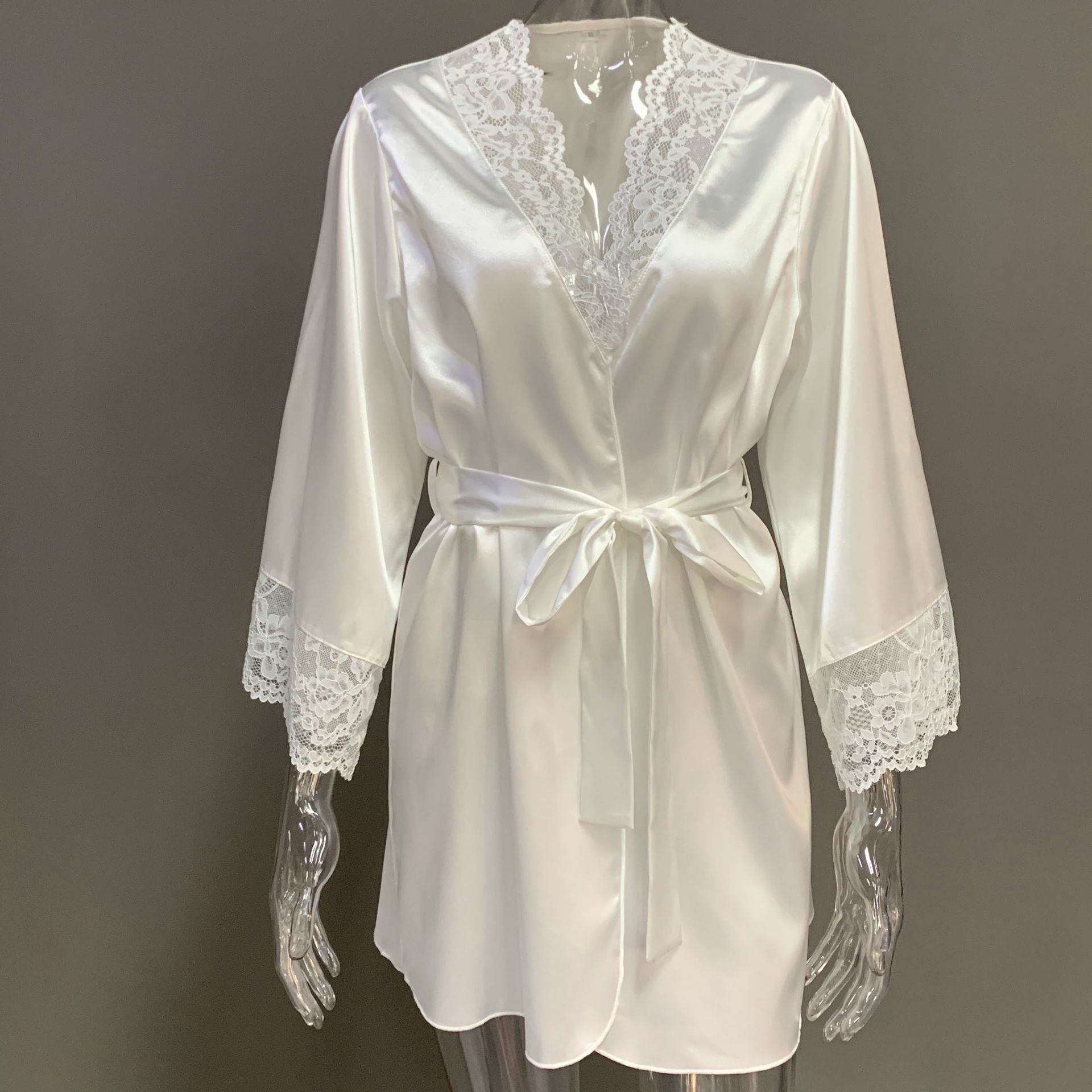 Satin lace-trimmed long-sleeved loose-fitting pajamas/robe with drawstring, 2026 European and American spring/summer new style women's loungewear.