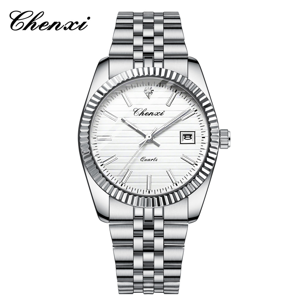 Men's Silver White Dial Quartz Watch - Calendar, Waterproof