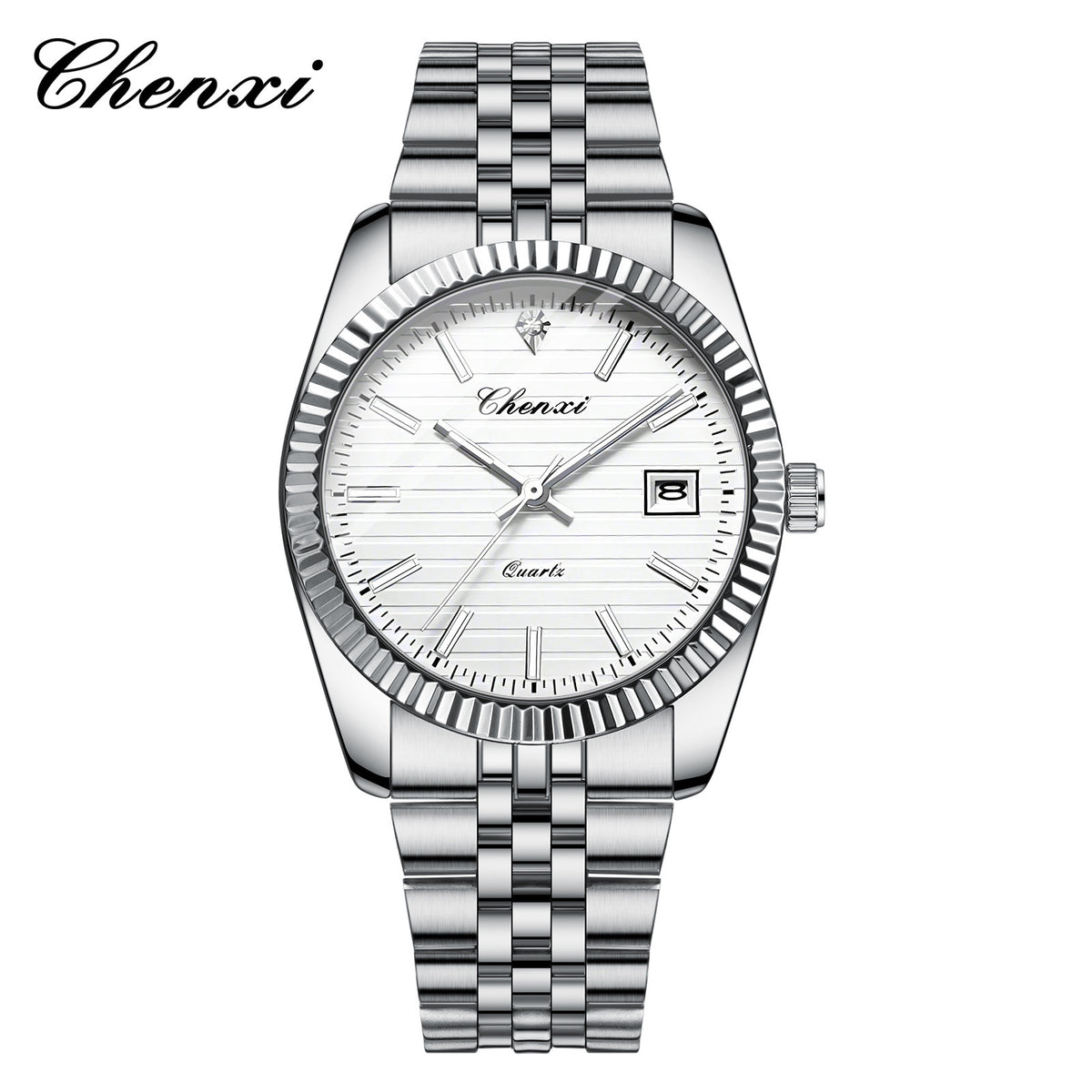Men's Silver White Dial Quartz Watch - Calendar, Waterproof