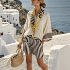 2026 European and American New Style Striped Casual V-neck T-shirt and Linen-style Set with Loose Shorts