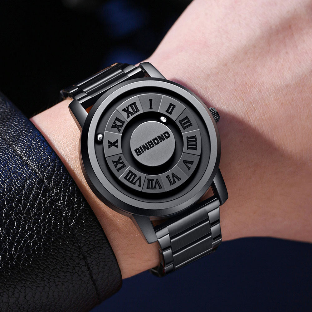 Men's Black Rotating Dial Watch - Steel Strap