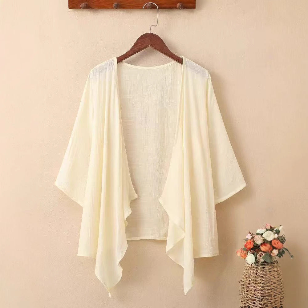 Summer thin bamboo cotton sun protection cardigan for women, solid color, versatile outerwear, shawl, three-quarter sleeve linen cover-up jacket