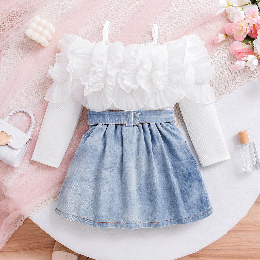 Foreign trade cross-border European and American summer hot selling temperament girl suit solid color one shoulder sling long sleeve pleated skirt short skirt