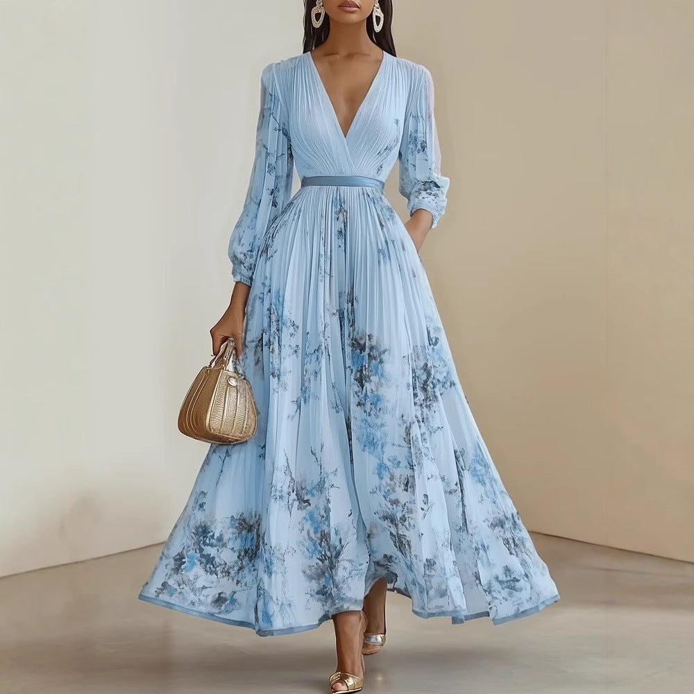 2025 European and American export women's clothing hot-selling long-sleeved printed short-sleeved resort dress, mid-length coat dress.