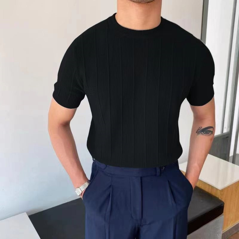 Men's Black Knit T-Shirt - Crew Neck, Short Sleeve