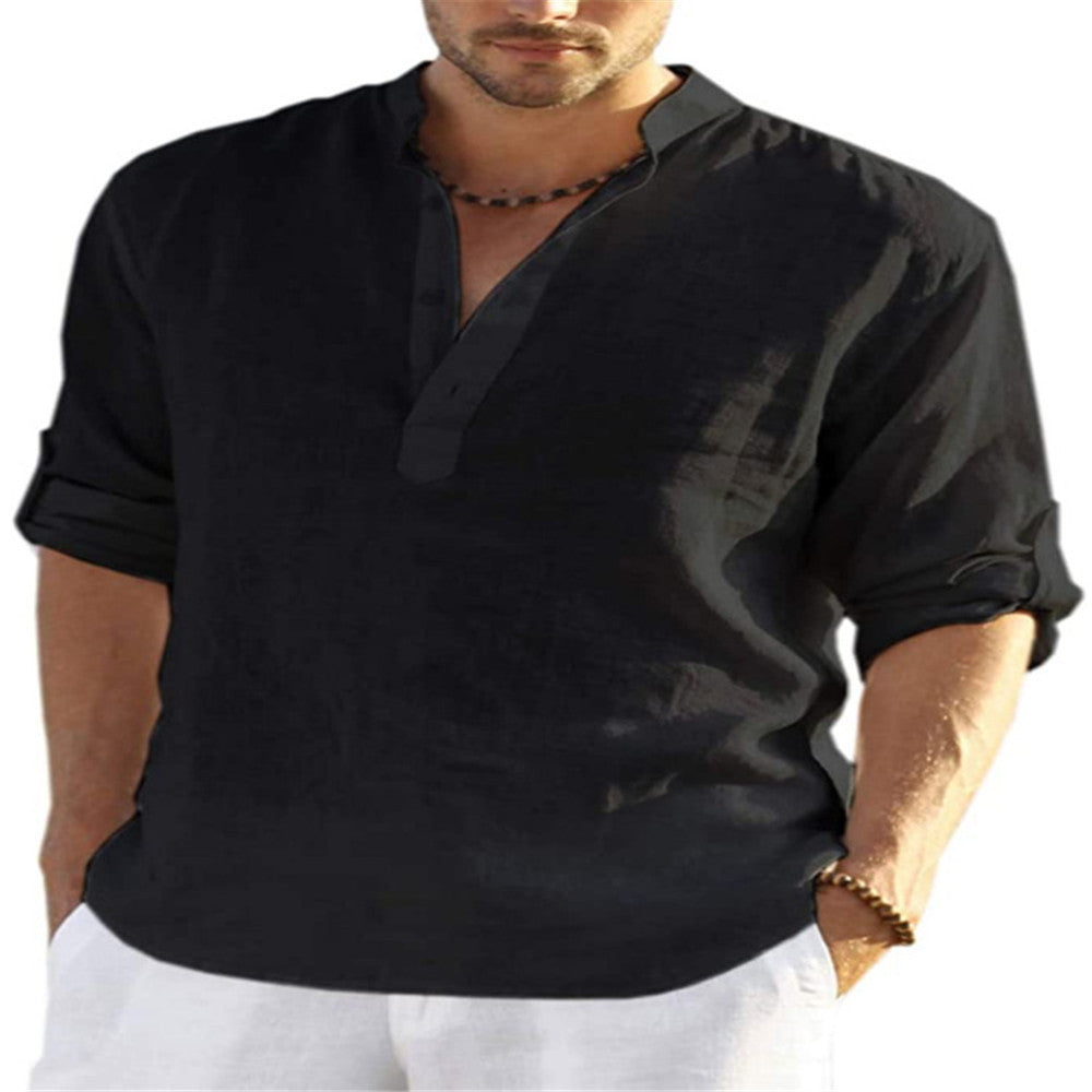 Men's Cotton Linen Long Sleeve Stand Collar Shirt | Aladinae