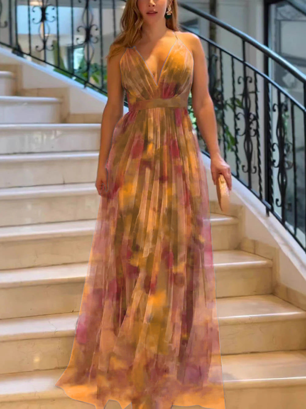 Cross-border 2025 European and American Spring/Summer New Mesh Printed Sundress, INS Vacation Casual Party Dress