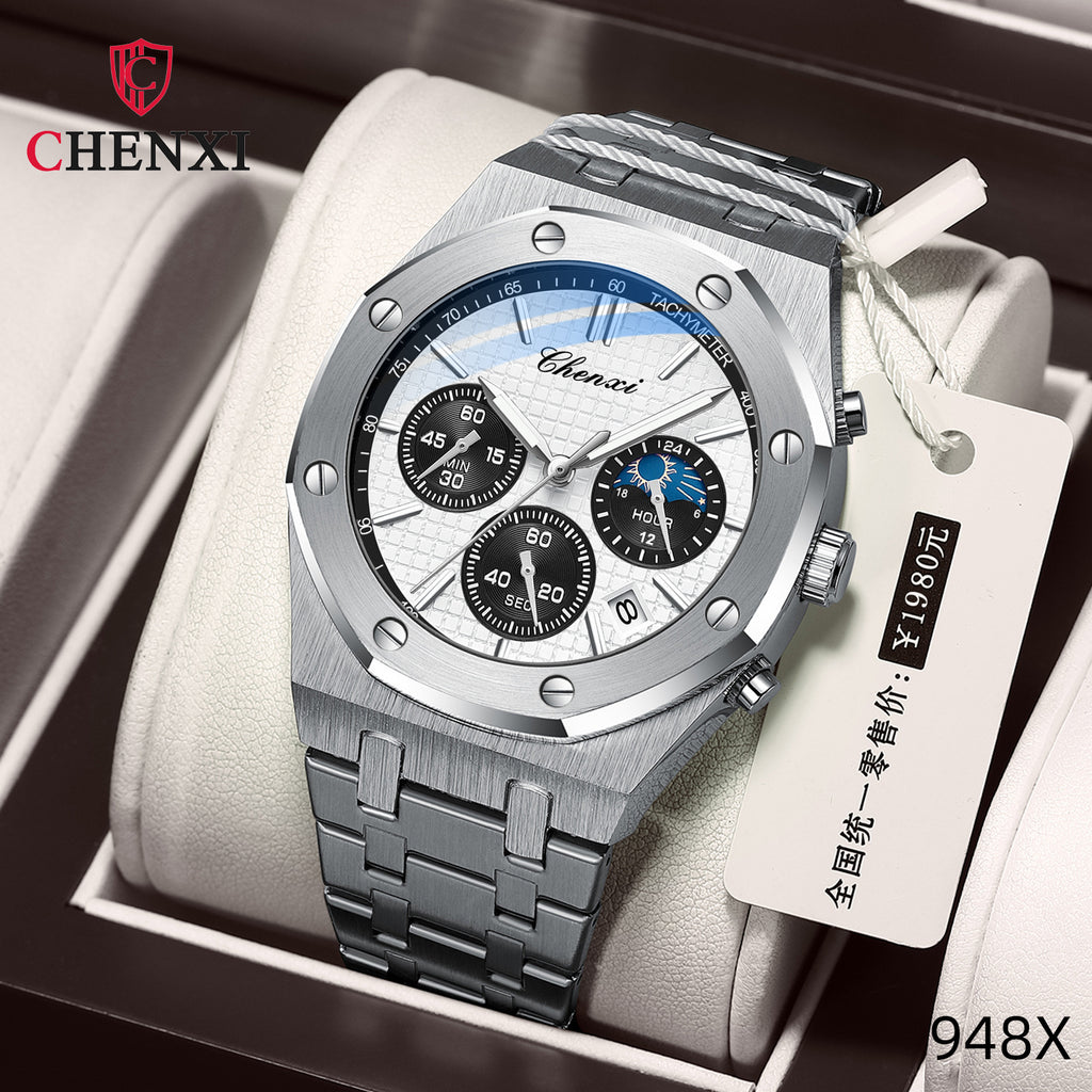 Men's Black Sports Quartz Watch - Steel Band, Waterproof