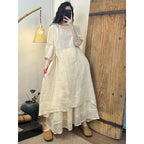 2026 Summer New Retro Niche Pure Ramie Handmade Chinese Style Dress with Folded Buttons and Tie