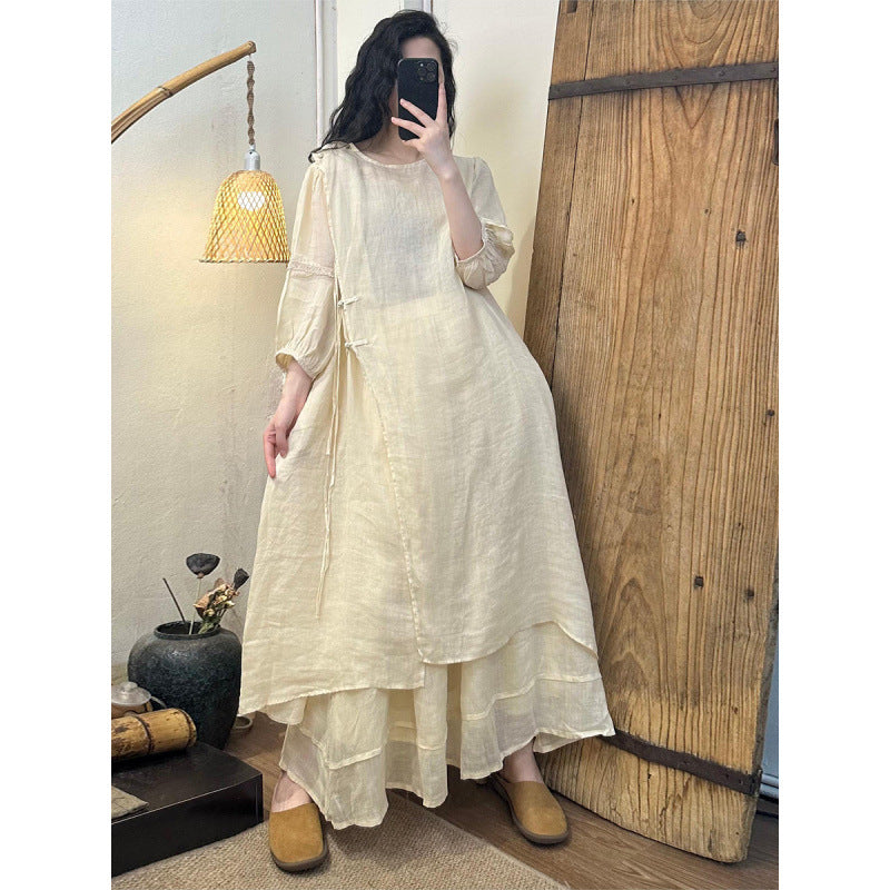 2026 Summer New Retro Niche Pure Ramie Handmade Chinese Style Dress with Folded Buttons and Tie