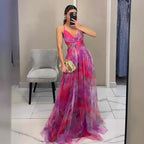 Cross-border 2025 European and American Spring/Summer New Mesh Printed Sundress, INS Vacation Casual Party Dress