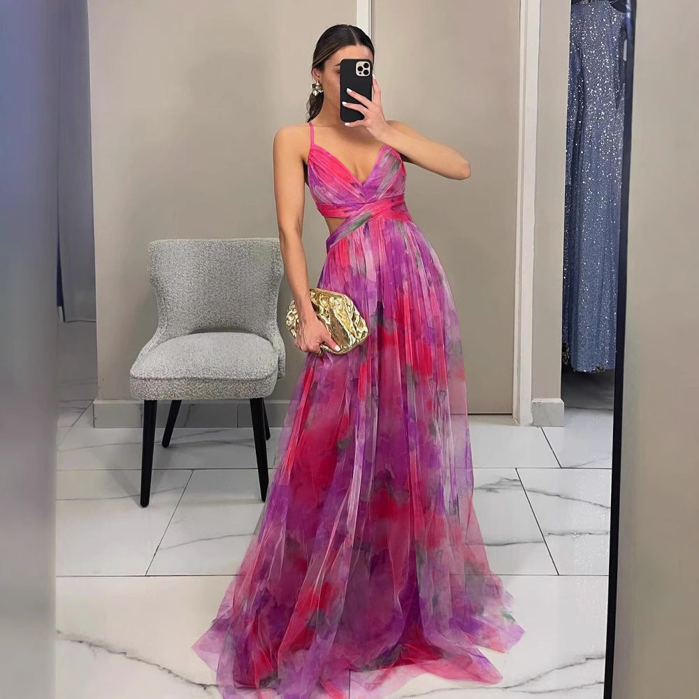 Cross-border 2025 European and American Spring/Summer New Mesh Printed Sundress, INS Vacation Casual Party Dress