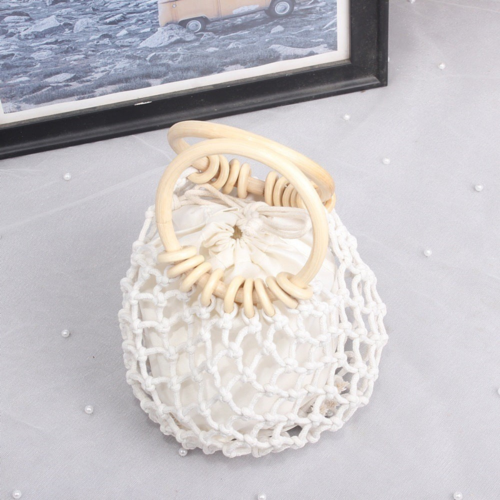 Handmade straw bag, small woven bag with round hollow handle, mesh bag, tote bag, niche brand bag for women, cotton thread, fishing net, hollow design.
