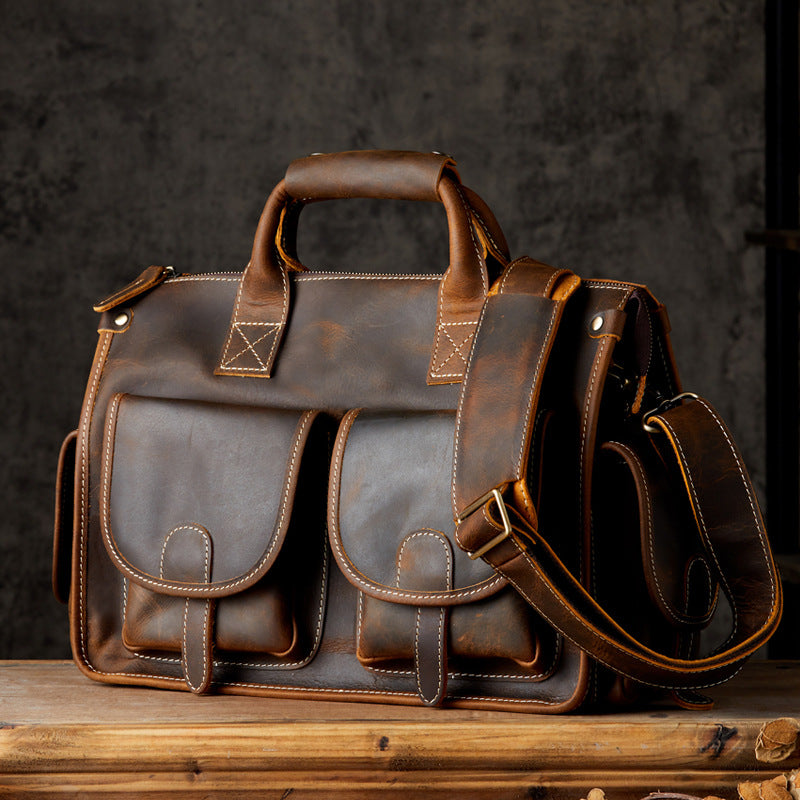 Original Handmade Crazy Horse Cowhide Men's Bag Head Layer Cowhide Shoulder Messenger Bag Genuine Leather Messenger Bag Handbag Travel Bag