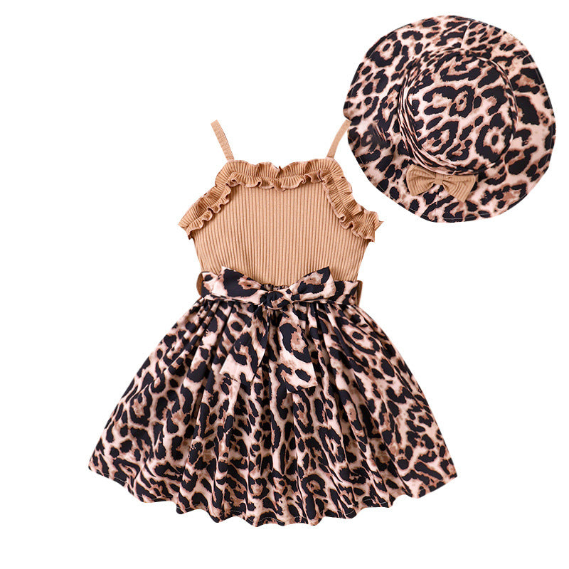 Baoxin children's clothing cross-border European and American summer new small and medium-sized girls suspender lace stitching leopard print dress hat