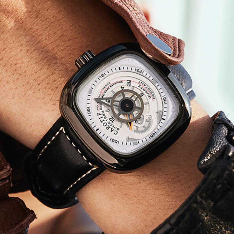 Men's Black Square Dial Quartz Watch - Waterproof, Calendar