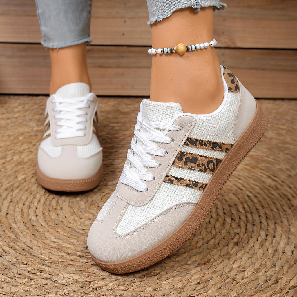 Women's Beige Flat Sneakers - Low-Top, Lace-Up