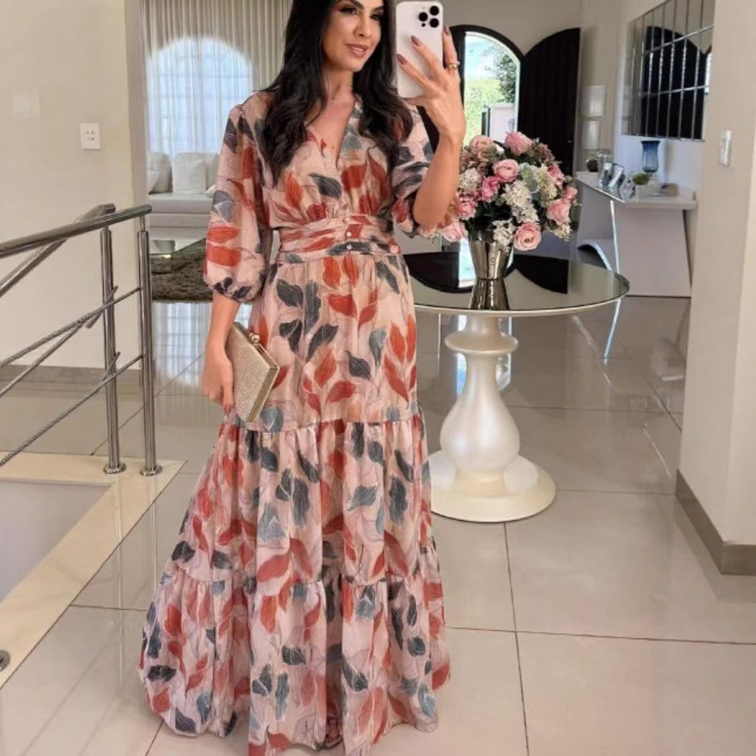 Amazon Foreign Trade 2026 European and American Women's Summer New V-neck Fashionable Elegant Printed Long Dress