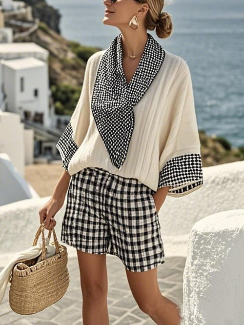2026 European and American New Style Striped Casual V-neck T-shirt and Linen-style Set with Loose Shorts