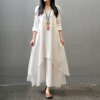 2023 New High-Quality Faux Two-Piece Long Dress, Artistic Style, Wide-Sleeve Linen Dress, Cotton Linen