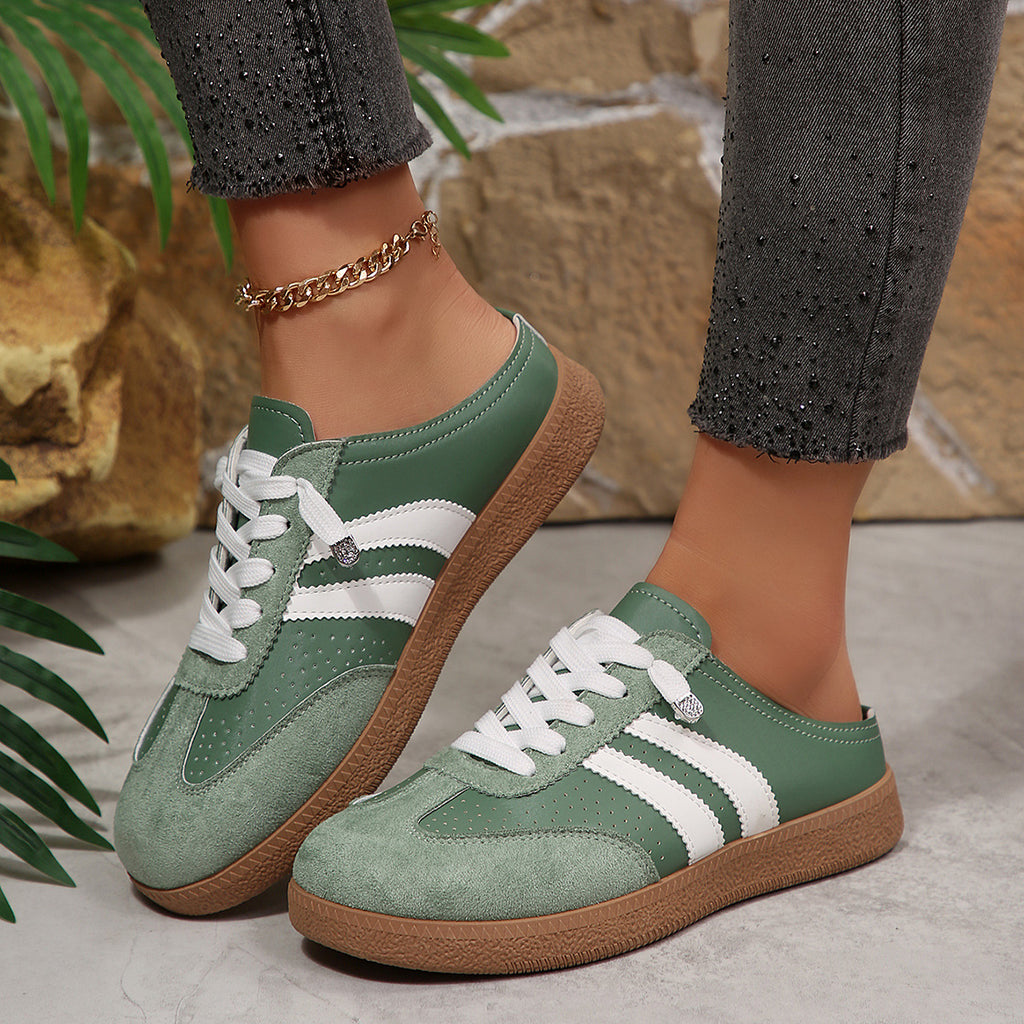 Women's Beige Flat Sneakers - Low-Top, Lace-Up