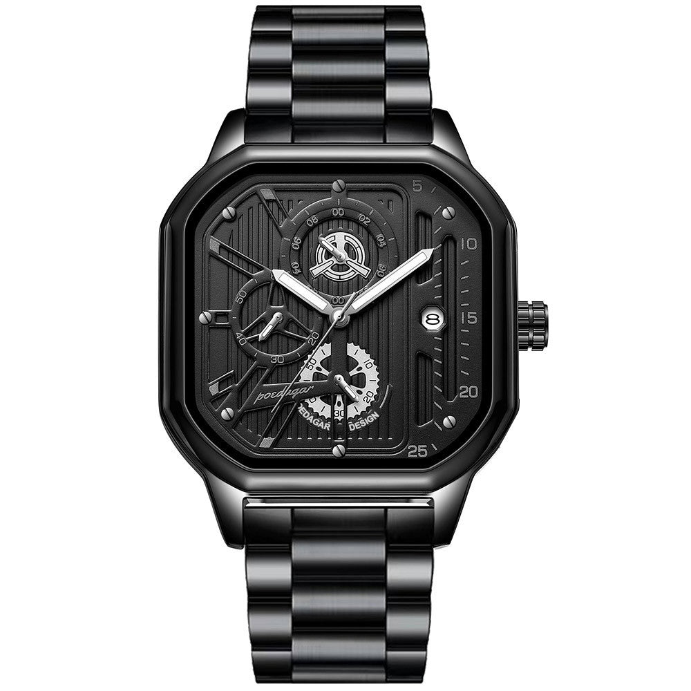 Men's Black Square Dial Quartz Watch - Leather, Waterproof