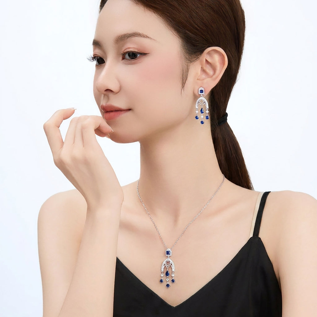 Xuping Gemstone Series Niche Earring and Necklace Set: Fashionable, Light Luxury, Teardrop Tassel, Elegant Court Style Earrings for Women