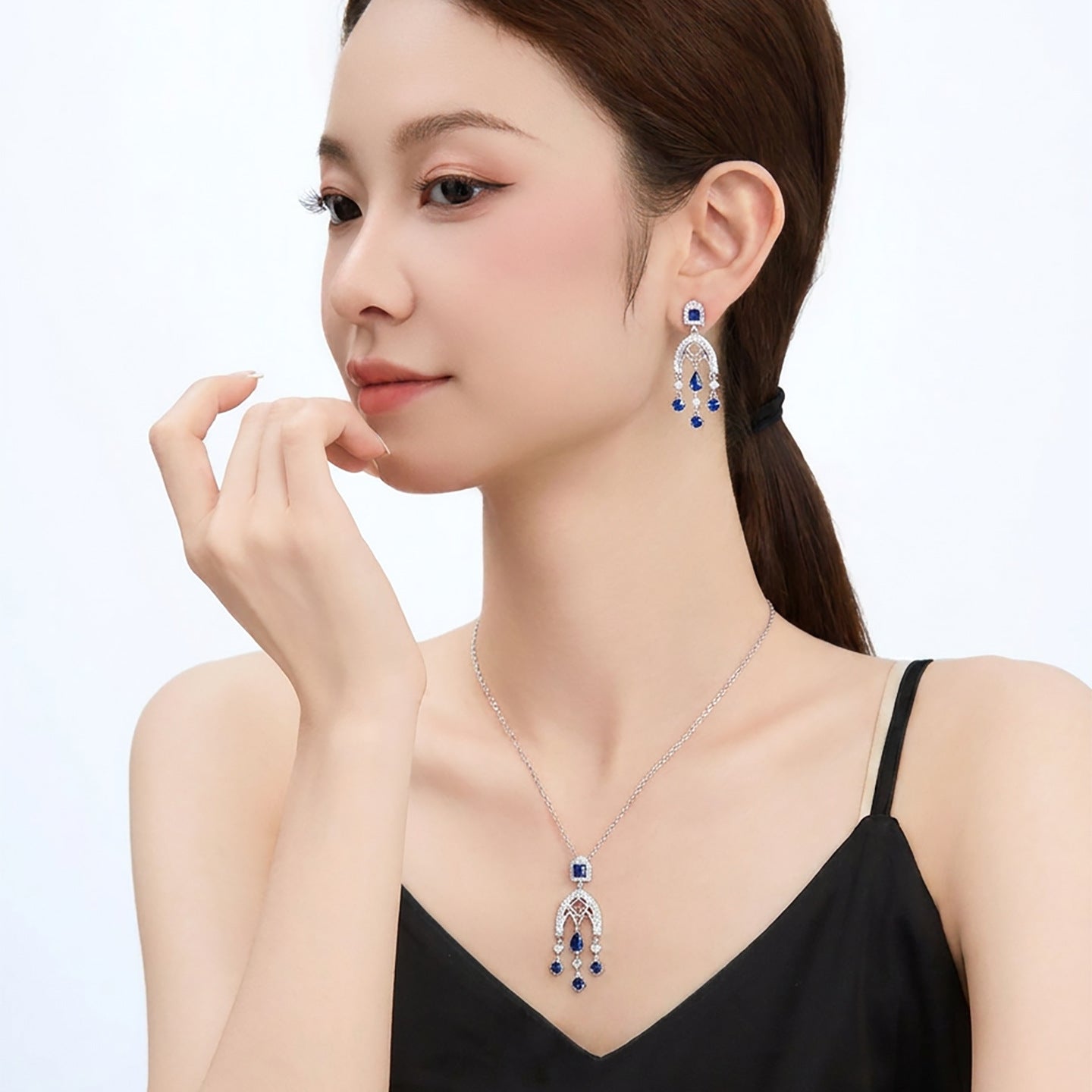 Xuping Gemstone Series Niche Earring and Necklace Set: Fashionable, Light Luxury, Teardrop Tassel, Elegant Court Style Earrings for Women