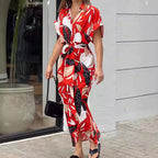 European and American cross-border 2024 Amazon summer new women's clothing printed lapel short-sleeved waist long shirt dress