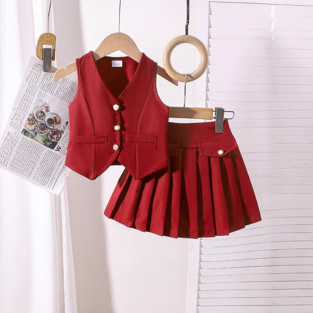 2025 Foreign Trade Cross-border European and American Summer Hot Selling Girls' Suit Small and Medium Children's Vest Top Pleated Skirt Factory Direct