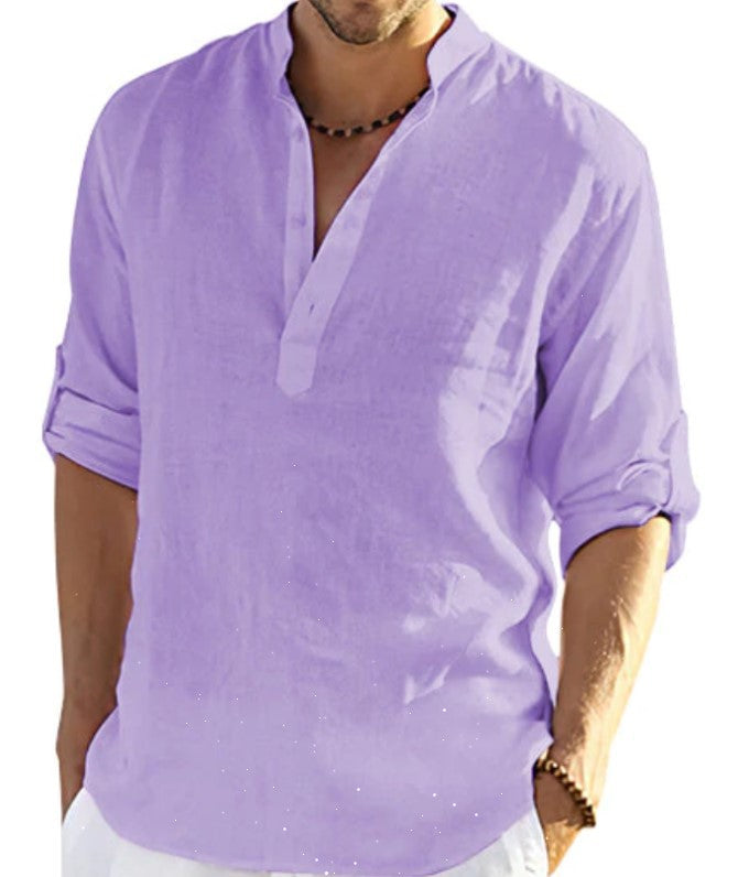Men's Cotton Linen Long Sleeve Stand Collar Shirt | Aladinae