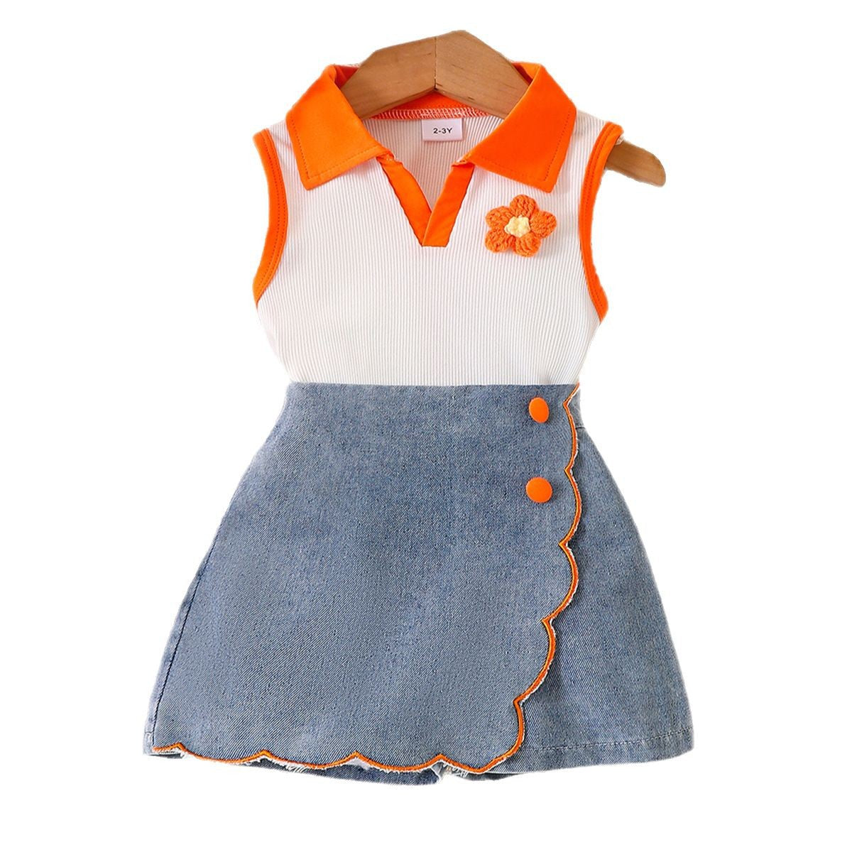 Cross-border foreign trade children's clothing European and American summer girls lapel sleeveless flower contrast vest lace denim shorts suit