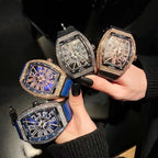 Men's Rose Blue Crystal Barrel Watch - Quartz, Leather Strap