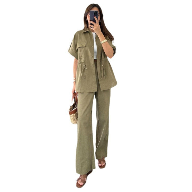 Spot 2024 summer new European and American Amazon cross-border women's casual drawstring top versatile trousers two-piece set