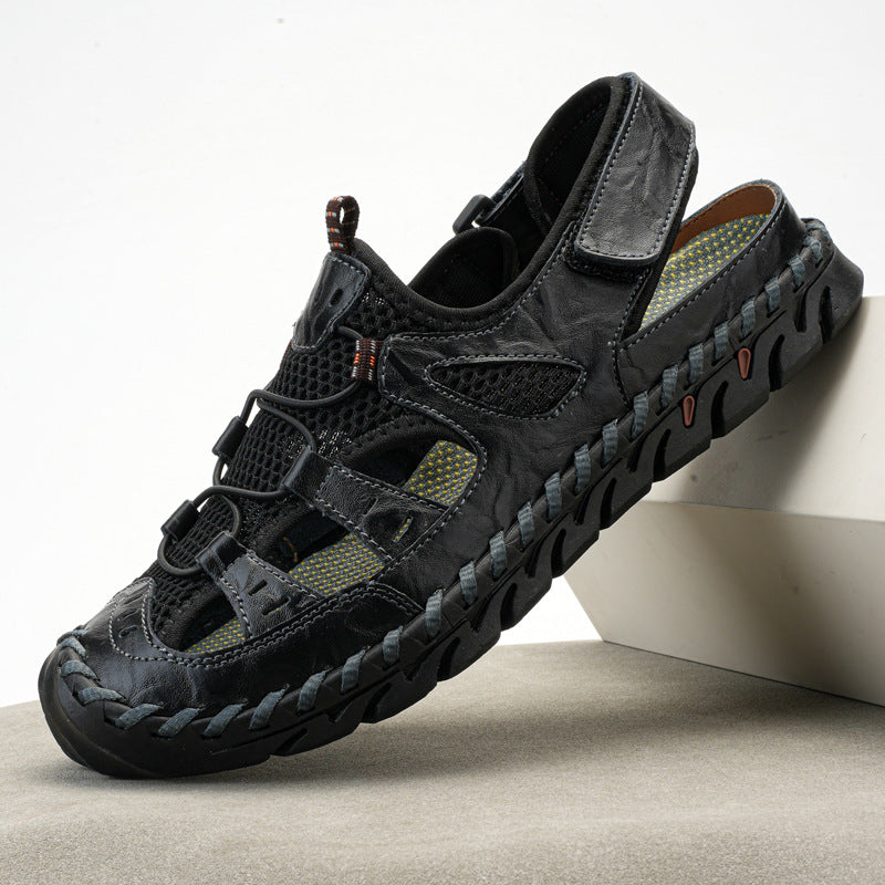 Cross-border foreign trade men's handmade Velcro beach sandals men's summer leisure outdoor real cowhide mesh breathable shoes