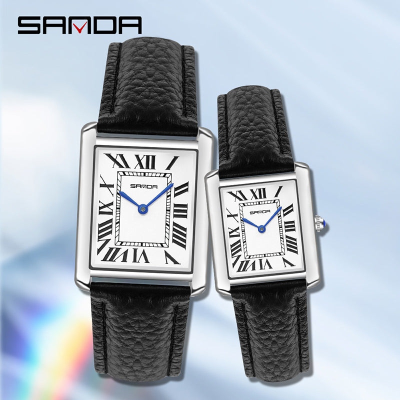 Silver Rectangular Couple's Watch - Roman Numerals, Waterproof