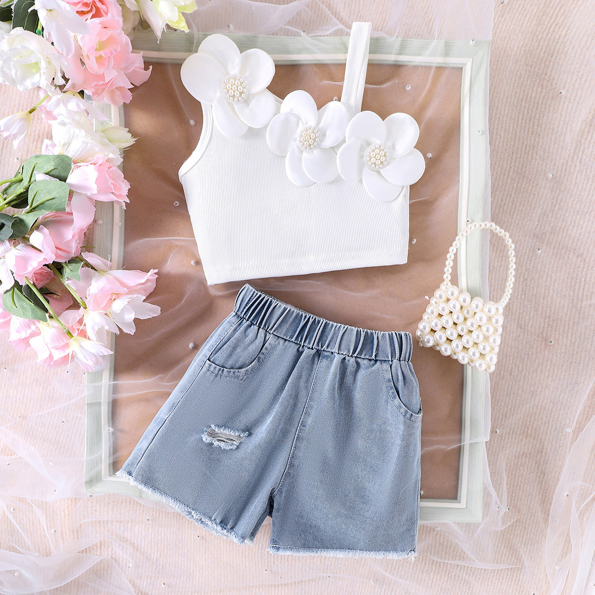 Amazon Girls Suit European and American Summer Oblique Shoulder Suspender Three-dimensional Flower Vest Ripped Denim Shorts Two-piece Set