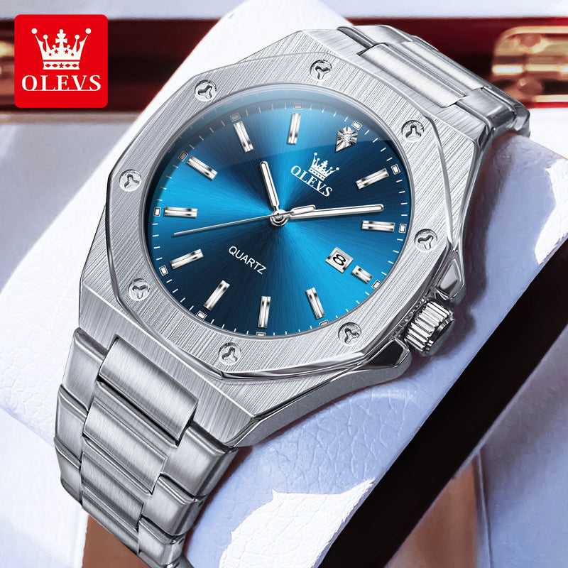 Men's Blue Quartz Watch - Steel Strap, Calendar