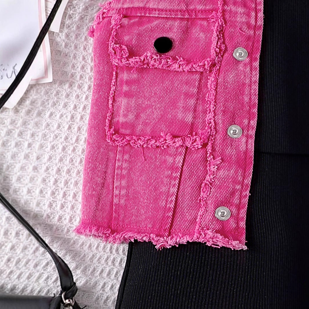 Foreign trade cross-border European and American new summer girls suits for small and medium-sized children single-breasted denim vest solid color jumpsuit