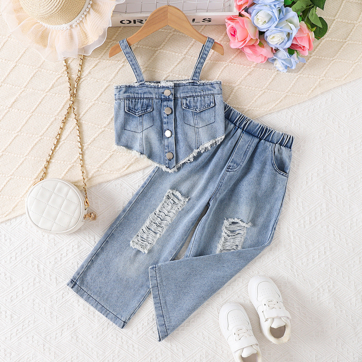 Foreign trade cross-border European and American summer sweet cool girl suits, irregular suspenders for middle-aged children, ripped denim pants suits