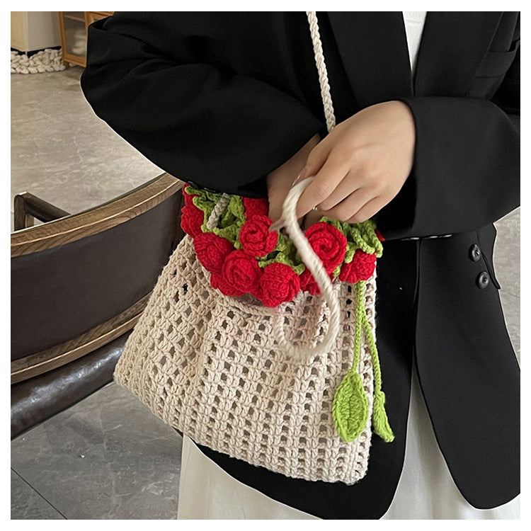 Cross-border rose bouquet blanket bucket bag handmade crochet knitting material kit wool knitting crossbody bag handmade crochet