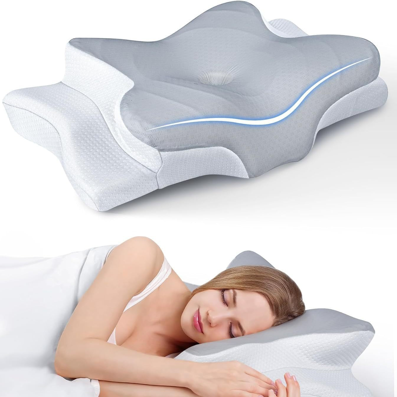 Amazon butterfly-shaped pillow for neck support, deep sleep, pressure relief, side sleeping, slow rebound memory foam pillow for cervical spine.